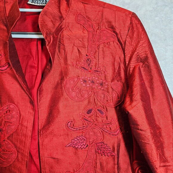 Chico's Womens m Silk Embroidered Red Jacket Coat Career Part Open Business - Picture 6 of 14